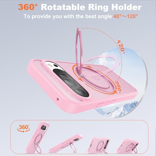 UGENINO Compatible with Google Pixel 10/Pixel 10 Pro Case with 360° Magnetic Ring Stand [Compatible with Mag-Safe] Shockproof Translucent Phone Case 6.3" for Women Men, Pink by UGENINO - Image 3