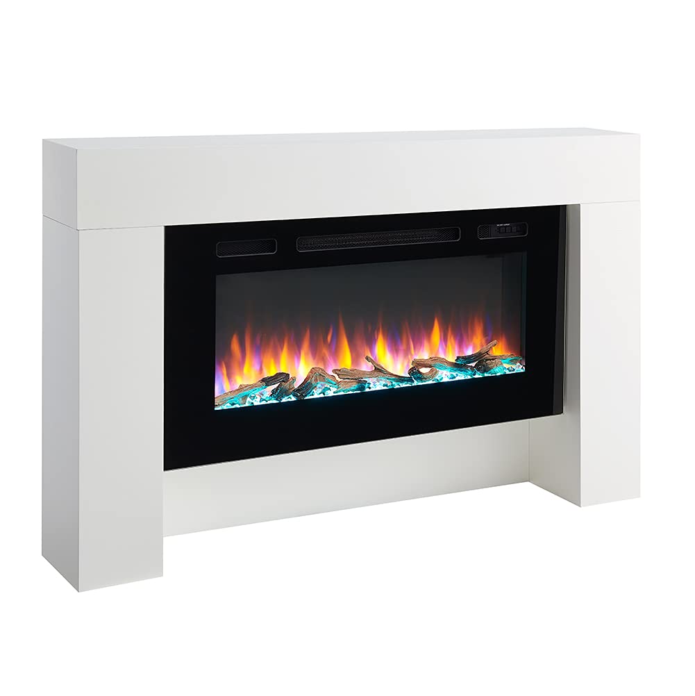 Flamme White Carmaux 55" / 141Cm Freestanding Electric Fireplace Suite, 3 Led Flame Colours, 2Kw Heater, Log Set Or Crystal Fuel Bed With Remote