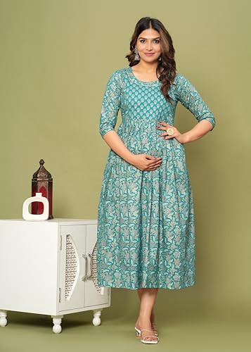 Image of Maternity Feeding Kurti for Women | Cotton Blend Anarkali Dress with Nursing Zip for Pre & Post Pregnancy