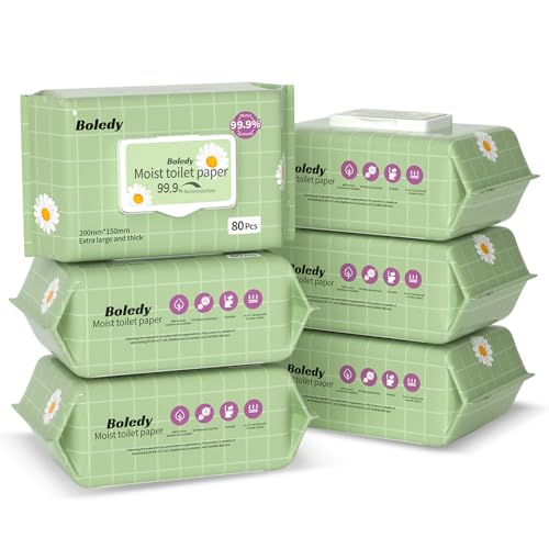 480 Count Flushable Wipes Easy to Flush Wet Wipes for Sensitive Skin Powerful Cleaning Natural Formula Portable Moist Toilet Paper Biodegradable Moist Tissues (Pack of 6)