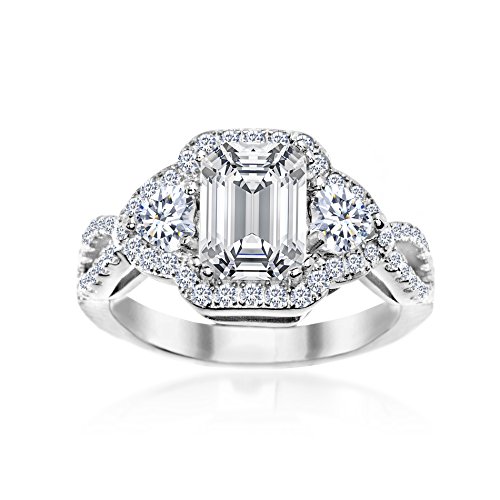 MIA SARINE Emerald Cut Cubic Zirconia Royal Princess Style Royal Princess Style Engagement Ring for Women in Rhodium Plated 925 Sterling Silver, Size 8