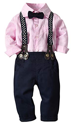 Toddler Dress Suit Baby Boys Clothes Sets Bowtie Shirts + Suspenders Pants 3pcs Gentleman Outfits Suits 6 Month - 6 Years (Pink-11 5T)