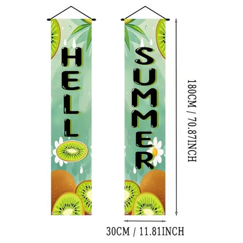 Image of BlissYard 2pcs Hello Summer Door Banner Kiwi Porch Banner Sign Sweet Green Summer Sunshine Front Door Hanging Decor Banners for Seasonal Home Hawaii Tropical Party Outdoor Decorations