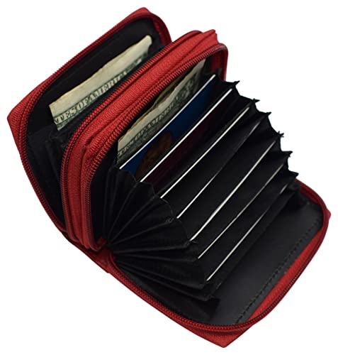 MARSHAL Genuine Leather Credit Card Holder Wallet Accordion Double Zipper with Id window (Red)2