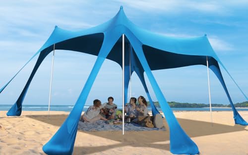 Beach Tent Sun Shelter,10 x 10FT Beach Canopy Tent Sun Shade with 8 Sandbags & 4 Poles, UPF50+ Beach Tent Canopy with Carrying Bag for Camping Trips, Fishing, Backyard Fun or Picnics Light Blue