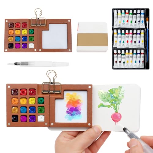 Fizocosisto Mini juego de viaje de pintura de acuarela, juego de acuarela de bolsillo portátil con paleta de 15 cuadrículas, cuaderno de bocetos de pintura de 24 colores y pincel para pintor de viajes