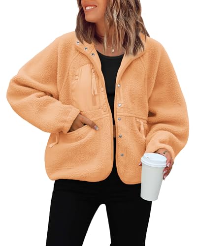 ReachMe Womens Sherpa Jacket Casual Lapel Button Down Cropped Fuzzy Fleece Jackets Long Sleeve Winter Coats with Pockets