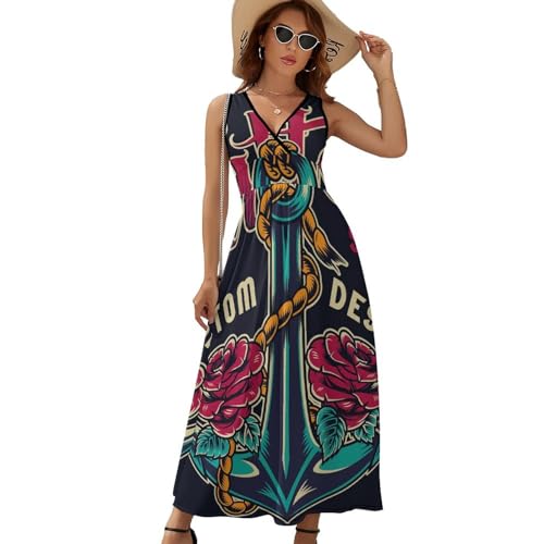 Robe longue d'été sans manches voile de rose col V maxi décontracté