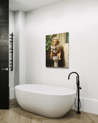 Image of Labrador Retriever on Toilet Wall Art Print Canvas Wrapped, Dog Bathroom Humor Decor Posters Prints for Restroom Home Picture Painting Artwork Gallery 7 (Labrador Retriever, 20 inchL x 16 inchWCANVAS, Wrapped Canvas)