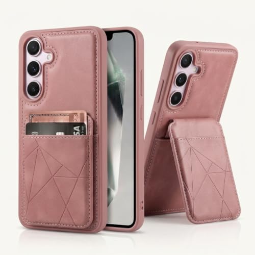 Image of amazon basics Premium Vegan Leather Back Cover with Card Holder and Integrated Mobile Stand for Samsung Galaxy S25FE 5G - Slim Shockproof Wallet Case with Geometric Stitching [Pink]