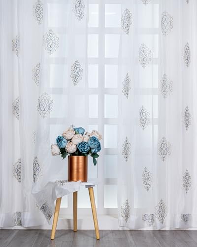 Image of (9 Ft Sheer Tissue with Embroidery Damas Design | Grommet Curtains Window Long Curtain | Window Curtain (Golden & Grey) | for Home | (Pack of 4) | 274 L X 121 W Centimeters