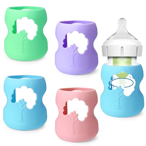 Image of XANGNIER 4 Pack Silicone Sleeves for Dr. Brown's Natural Wide-Neck Glass Baby Bottles 5 oz,Anti Breakage Baby Bottle Protective Cover Accessories for Dr. Brown Wide-Neck Glass Baby Bottles 5oz
