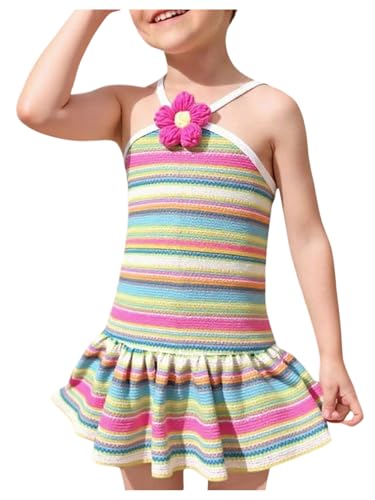SOLY HUX Toddler Girl's Summer Dresses Striped 3D Floral Ruffle Sleeveless Short Dress Beach Vacation Clothes