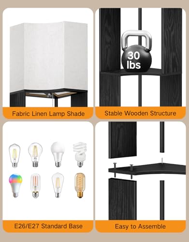 Image of OUTON Floor Lamp with Shelves, Modern Tripod Standing Shelf Lamp, Black | 3 Color Temperature Bulb, Storage Display Wood Column Tall Bookshelf Lamp for Living Room, Bedroom Office
