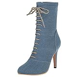 Lizoleor Ladies Pointed Toe Denim Fashion Stiletto Heel Booties Elegant Strappy Winter Fur Lining Ankle Boots Light-Blue/DL Size 8.5 UK/45 - Image 1