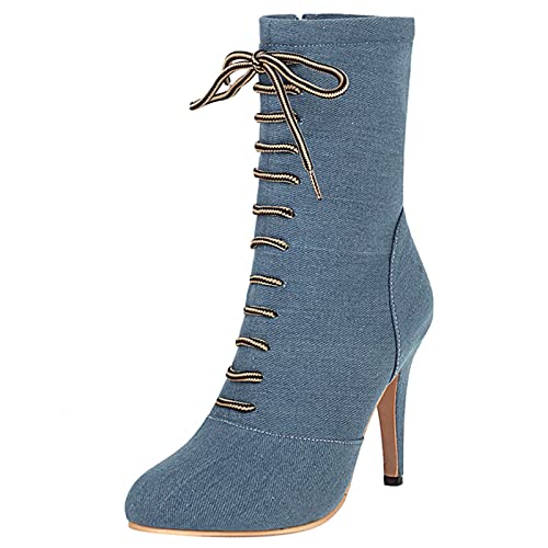 Lizoleor Ladies Pointed Toe Denim Fashion Stiletto Heel Booties Elegant Strappy Winter Fur Lining Ankle Boots Light-Blue/DL Size 8.5 UK/45