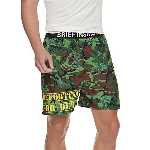 BRIEF INSANITY Boxer Briefs for Men | Boxer Shorts Army Reporting for Duty - Underwear (Large)