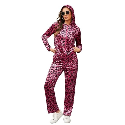 Marvmys Velour Tracksuit Womens 2 Piece Outfits Velvet Sweatsuit Jogging Suit Full Zip Up Hoodie and Sweatpants Set Hot Pink Leopard X-Large