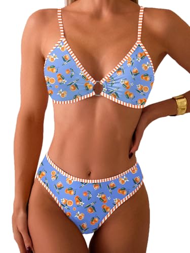 Image of Fanuerg Women's Triangle Bikini Sets O Ring Linked Two Piece Swimsuits Floral Printed Cheeky Bathing Suit