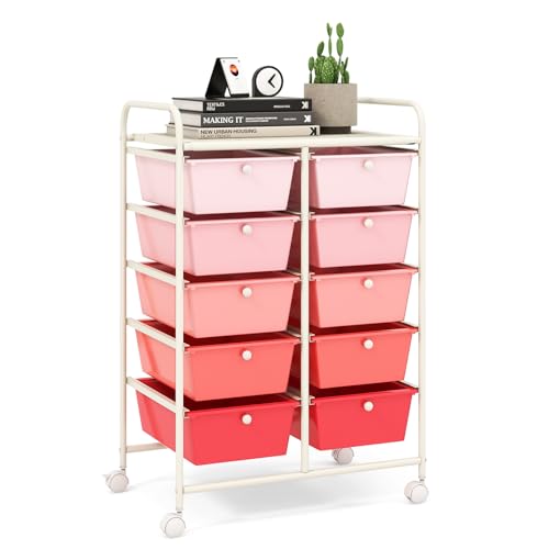 LDAILY 10 Drawer Rolling Cart, Storage Cart Organizer on Wheels, Drawer Cart with Metal Frame & Large Storage Capacity, Rolling Cart with Drawers for Living Room Classroom, Office