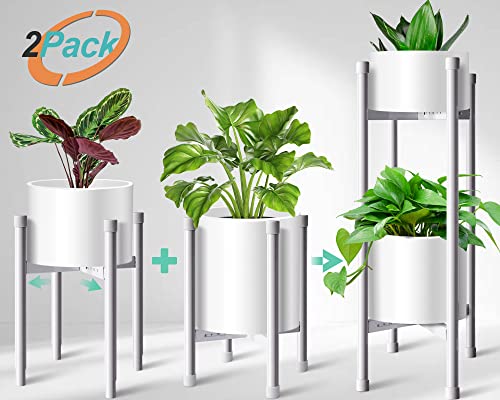 Joyonic 2-Pack Adjustable Plant Stand Indoor, Mid Century Metal Plant Shelf For Width 8-12 Inch, Stackable Yet Stable 2 Tier 23.6" Tall Plant Table For Plant Pots #TOP3