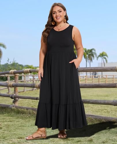 Moon Wood Women's Plus Size Sleeveless Summer Dress Crewneck Tank Casual Flowy Maxi Dress with Pockets Vacation Outfits3