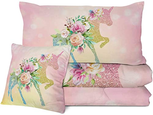 Sleepwish Unicorn Full Size Bedding Sets With Comforter Kids Unicorn Comforter Set For Girls 3D Glitter Unicorn Rose Bed Set Full 4 Pieces Bedspreads With 2 Pillow Shams 1 Cushion Cover For Teen #TOP1