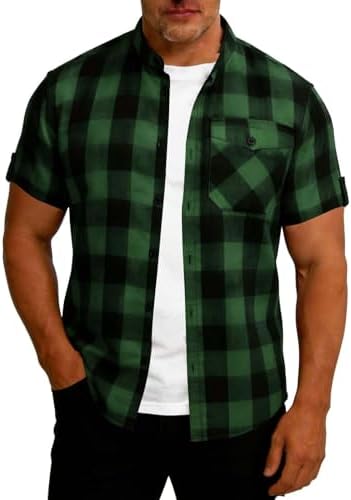 Men's Casual Short Sleeve Button Down Shirt, Checkered Pattern Stand Collar Top with Chest Pockets for Summer Wear Army Green