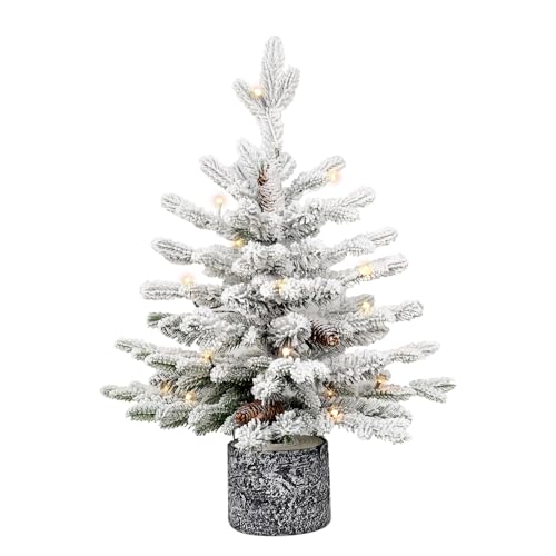 2FT Pre-lit Potted Flocked Christmas Tree, Snow Frosted Mini Tabletop Artificial Christmas Tree with 30 LED Lights and 118 PE & PVC Branch Tips for Front Door, Porch, Indoor and Outdoor