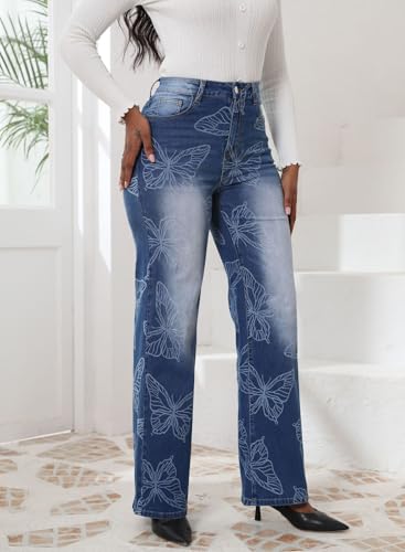 Stretchy Wide Leg Jeans for Women High Waisted Butterfly Print Vintage Straight Leg Jeans Cute Baggy Mom Denim Pants3