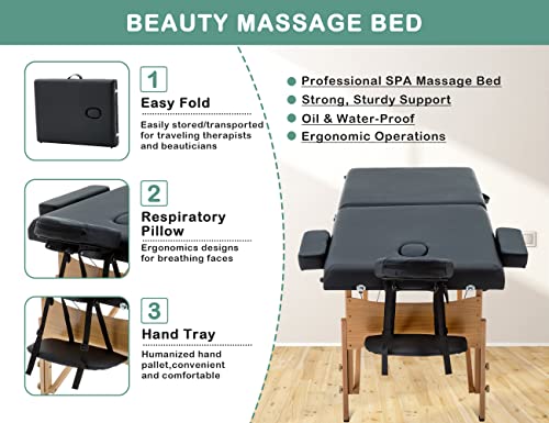 28 in Wide Massage Tables Portable Lash Bed 73 inch Tattoo Table, Height Adjustable Portable Spa Bed, 2 Folding Chiropractic Table w/Carry Case/Face Cradle/Hand Pallet for Travel Physical Therapist