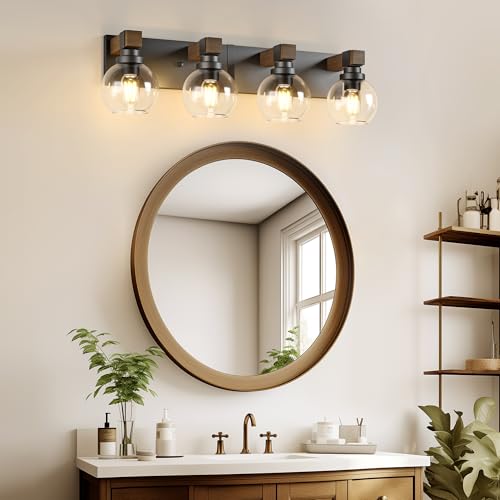 Image of LmnLvn Bathroom Light Fixtures, Farmhouse Wood & Metal with Globe Glass