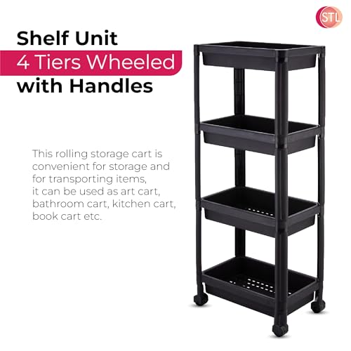 STL 4-Tier Slim Rolling Storage Trolley Cart with Wheels, Plastic Shelving Unit with Handles & Mesh Basket Shelves, Narrow Utility Organizer for Kitchen, Bathroom, Laundry and Office (Black) - Image 2