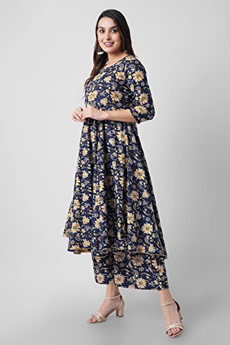 Image of Arayna Women's Cotton Printed Anarkali Kurti with Palazzo Pants Set