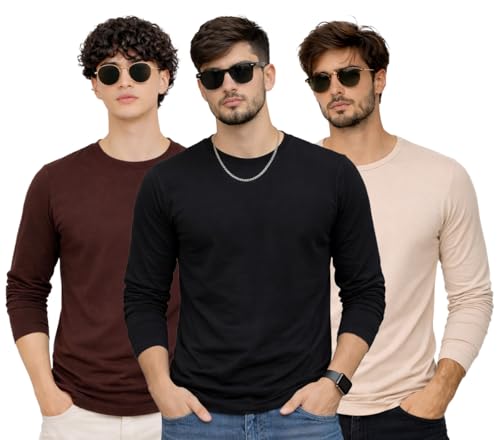Image of Men's Regular Fit Plain Full Sleeve T- Shirt, Spun Cotton Fabric, Soft and Comfortable Casual Everyday Wear (Pack of 3) (Size Range S to 2XL)