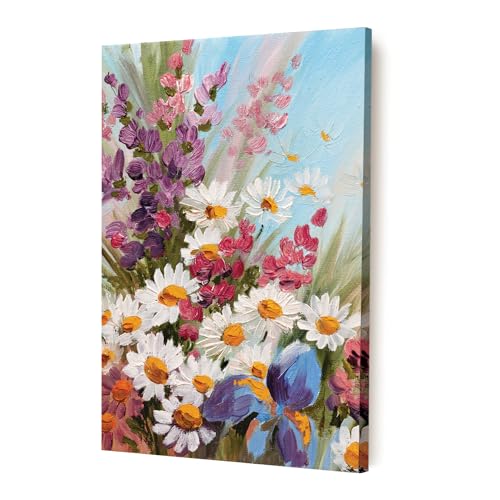 Image of PAINTINGMANTRA White Sunflowers Floral Canvas Wall Art Painting for wall decoration, Multicolour MultiFlowers Stretched Canvas Painting for living room, bedroom, Home and Office, 16x22 Inch