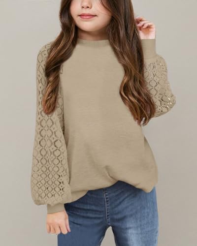 Image of Apbondy Girls Long Sleeve Shirts Lace Crewneck Blouses 5-14 Years