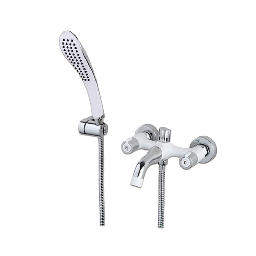 QUSYZD Tub Faucet with Abs Handheld Shower Head, White and Chrome Bathtub Faucet Double Handle Tub Tap Wall Mounted Tub Filler Faucet for Bathroom,