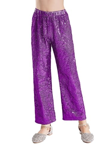 HULIJA Mädchen Glänzend Tanzhose Lang Schlaghose Sweatpants Pailletten Hose Trainingleggings Balletthose Party Wettbewerb Tanzkleidung Lila 146-152