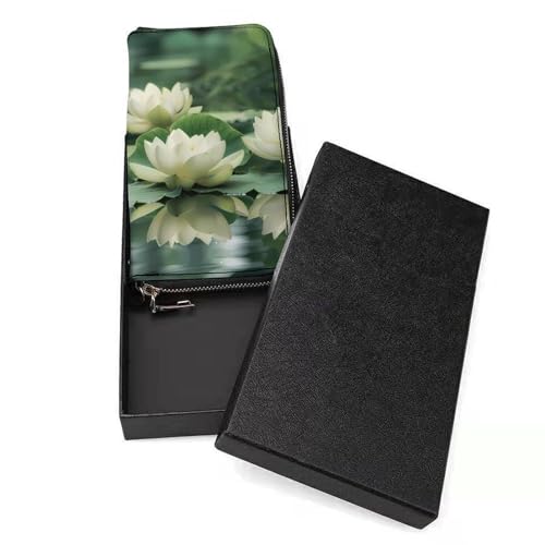White Lotuses Flower Long Wallet PU Leather Clutch Purse Portable Credit Card Holder with Hand Strap3