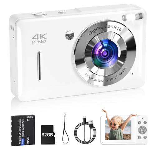 Digital Camera for Kids, FHD 1080P 44MP Point and Shoot Digital Camera with Face Detect, Smile Capture, 16X Zoom, 20 Filters, Anti Shake, 32GB SD Card White Compact Vintage Camera for Kids Boys Girls