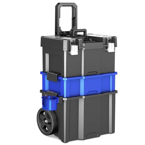 Caisse a Outil à Roulettes,Boîte à Outils Portable et Empilable à 3 Niveaux,Caisse a Outil Vide à Plateau,Avec Porte-Gobelet Amovible,50 cm W x 31 cm D x...