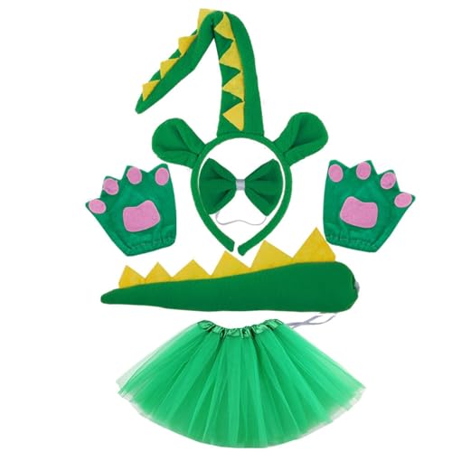 Excefore Dinosaur Halloween Costume Set For Kids 1-7 Years - Includes Headband Tail Bow Tie Skirt And Gloves - Perfect For Birthday Cosplay And Party Decorations