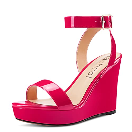 Image of Aachcol Women Platform Wedge Sandals Round Peep Open Toe Ankle Strap Slingback Two-Piece Chunky Block High Heel Dress Shoes Pumps Party Patent 4 Inch