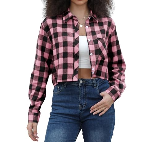 Image of SANGTREE Women and Girls Long Sleeve Flannel Casual Button Down Plaid Shirt