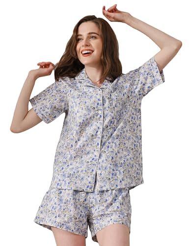 NAP BOUND Women's Woven Print Pajamas Set Cotton Short Sleeve 2-Piece Sleepwear with Pockets, Breathable Loungewear (XLH,2XL)