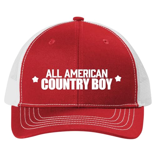 Trenz Shirt Company Youth Embroidered Mesh Back Trucker Hat - All American Country Boy Design, Red/White