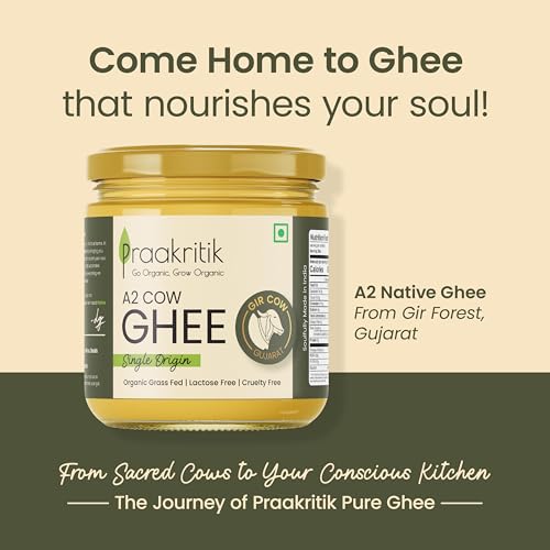 Image of Praakritik Natural Desi A2 Gir Cow Ghee 250 ML - 100%, Prepared by Traditional Bilona Method, Vedic Cultured Grassfed, Vegetarian GMO Free Lactose Free - Cow Ghee 250 ML