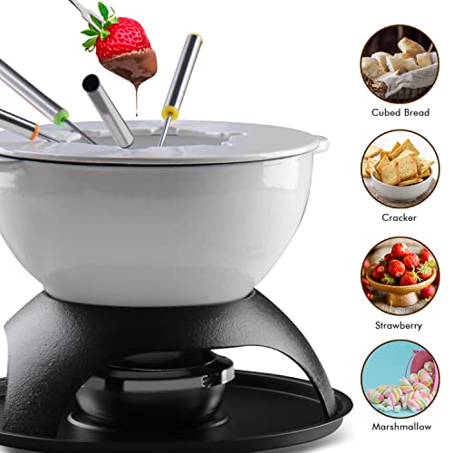 Artestia 11-Piece Cast Iron Fondue Set With Adjustable Burner 6 Colored Forks, 5-Cup White Cheese Fondue Pot, Perfect For Chocolate, Caramel, Meat, 4-6 Person #TOP2