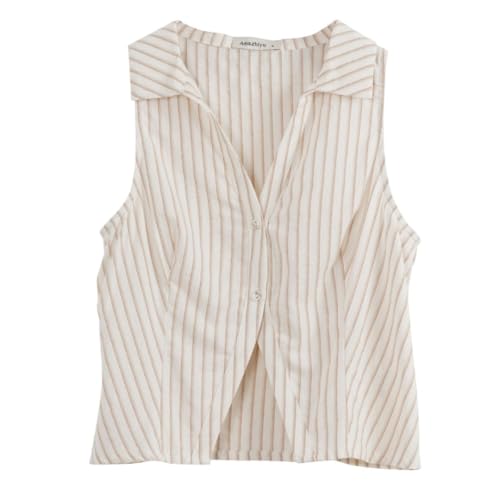 Amazhiyu Womens Cropped Summer Button Down Vest Sleeveless V Neck Stripes Tops4